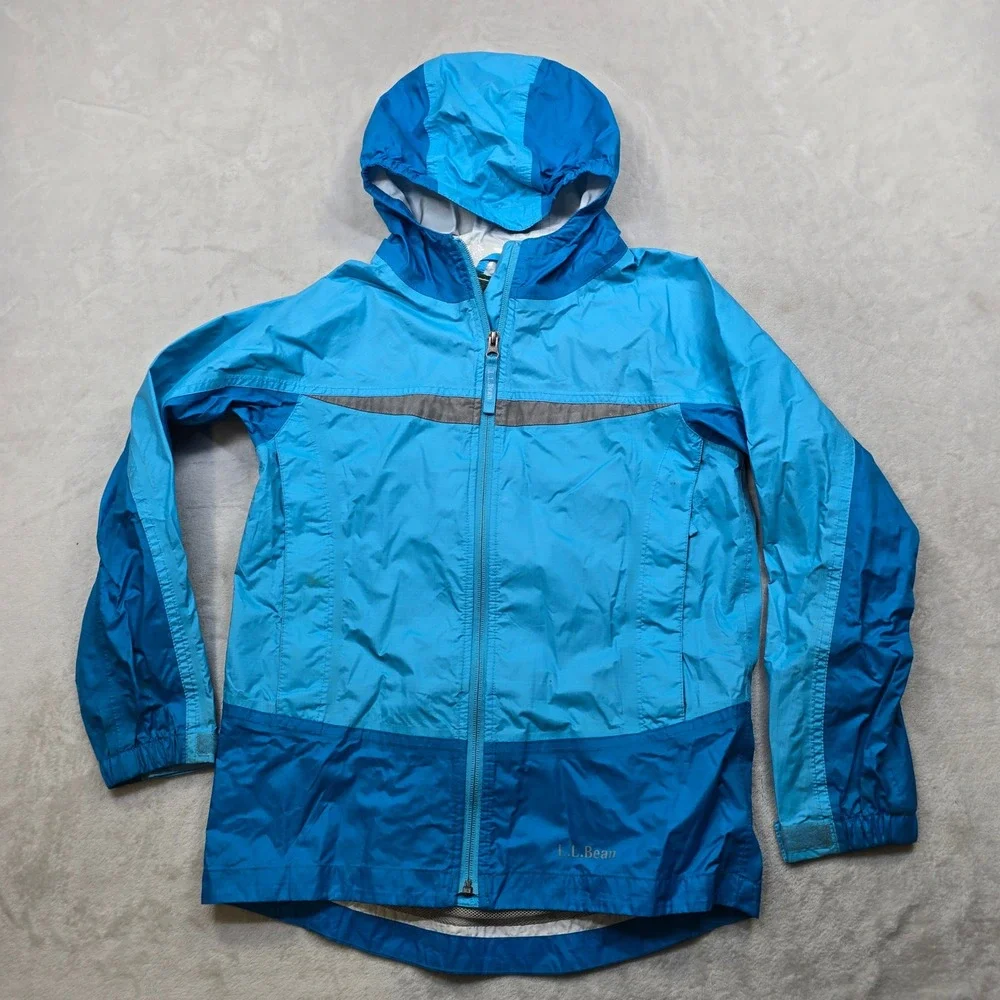 L.L.Bean Rain Jacket Kids Medium 10-12 Blue Lightweight Hooded Zip‎ Up